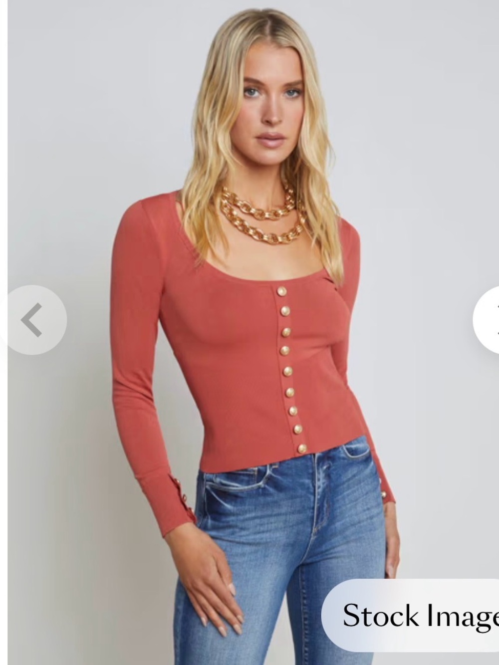L'AGENCE Square Neck Button-Front Long Sleeve Top - Rust